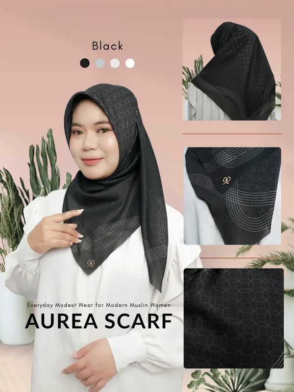 Saqqina Hijab - Hijab Segi Empat Aurea - Black ML (Square Scarf Motif Premium Lasercut) - Khimar Saqqina Hijab